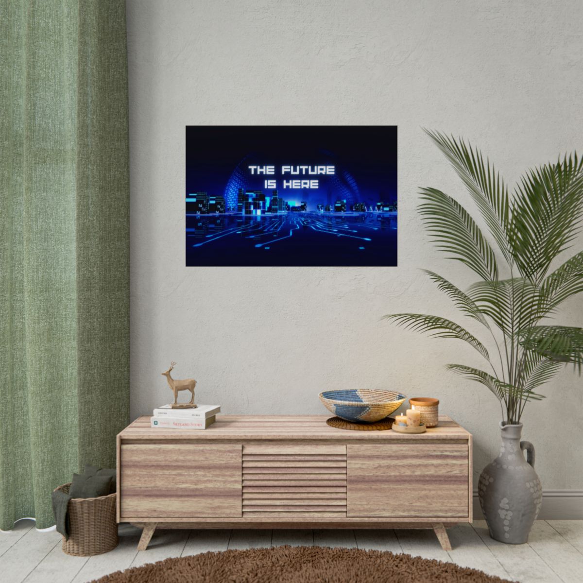 Futuristic 3D City Poster styled in a modern living room wall decor setup