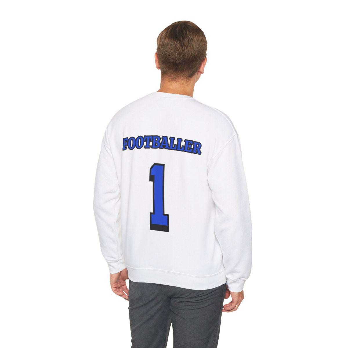 Back view of Tiger Football Sweatshirt worn by man – Footballer and number 1 text