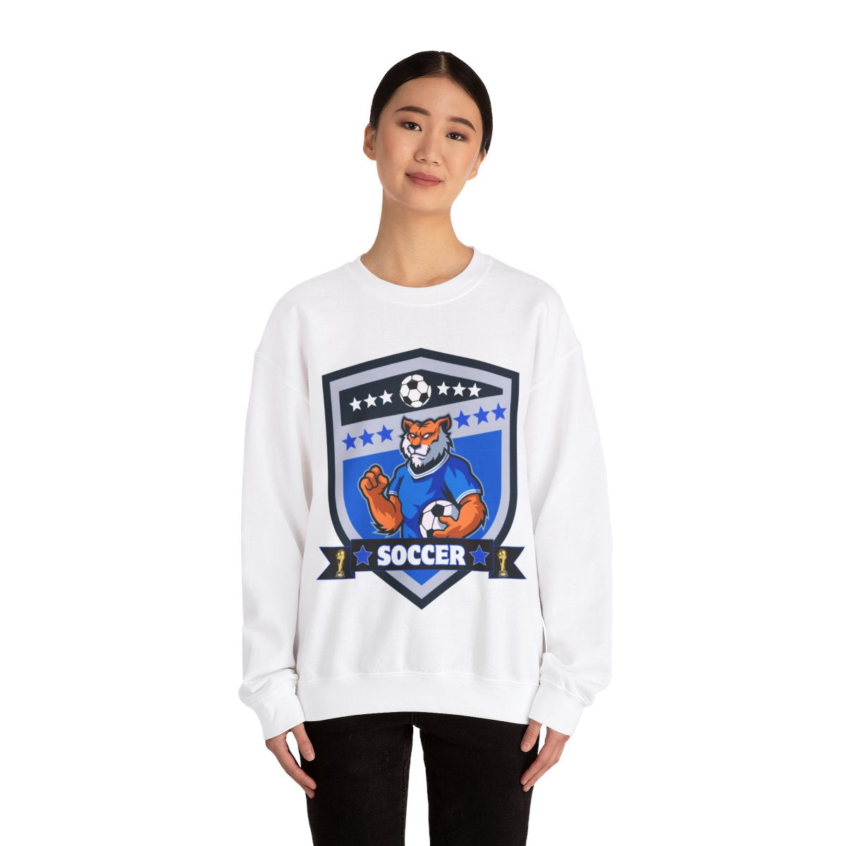 Woman wearing Tiger Football Sweatshirt – casual soccer fan apparel