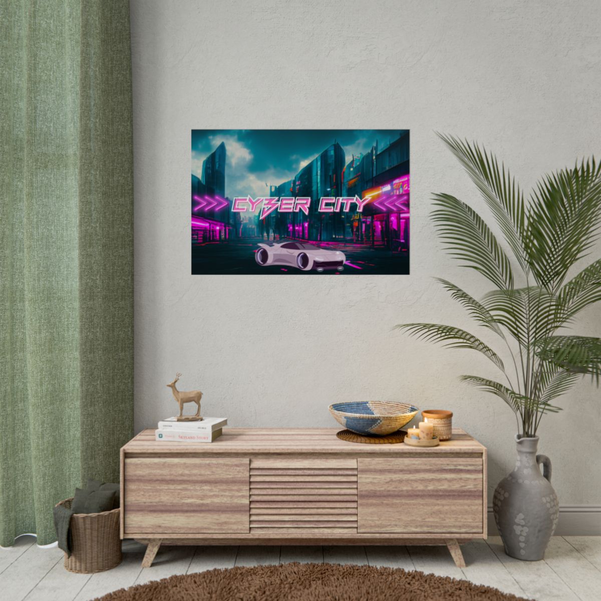 Cyberpunk City Poster displayed in a modern living room with urban street art decor